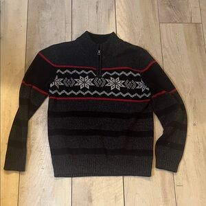 Kids Half-Zip Nordic Stripe Sweater - Black & Gray with Red Accent